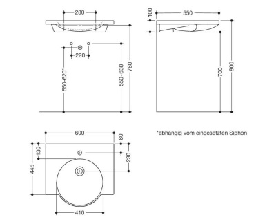 HEWI composite 'integral shelf' washbasin white - 600 wide