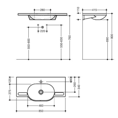 HEWI composite washbasin with generous side storage - 850mm wide