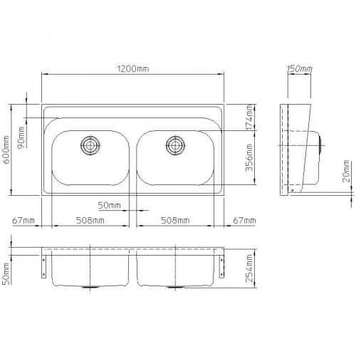 HTM64 Double Bowl Stainless Wall Scrub Basin - NotJustTaps.co.uk